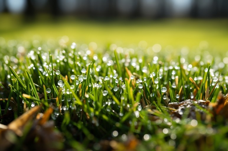 Dewdrops on green grass with a softly blurred garden background, illuminated by morning sunlight.