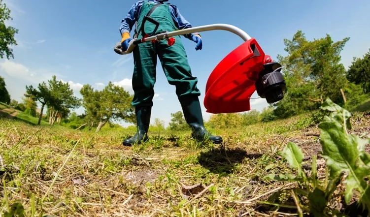 This image captures a person in green overalls and boots using a red lawnmower to cut grass, showcasing the contrast between technology and nature.